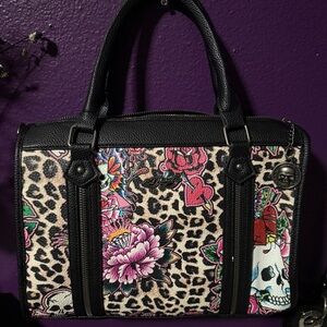 Ed Hardy Black and Pink Floral Skull Satchel